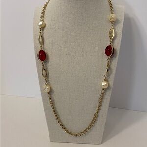 Vintage Korea Gold Tone Chain Necklace With Faux Pearls And Red Oval Beads